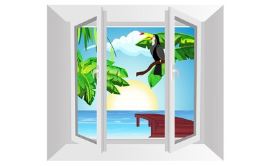Open window with a tropical sea landscape view. The landscape from the window vector