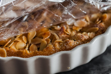 Freshly baked apple pie with apples from our own garden and roasted almonds