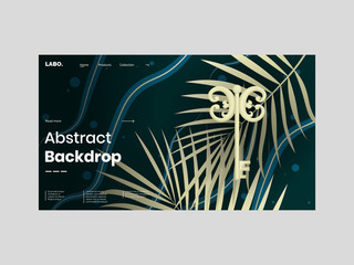 Abstract homepage design. Modern landing page template, concept. Illustration of golden, vintage key. Dypsis lutescens gold leaves. Blue wavy lines. Eps10 vector. 