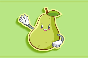 SMILING, HAPPY, cheerful Face Emotion. Waving Hand Gesture. Green Pear Fruit Cartoon Drawing Mascot Illustration.