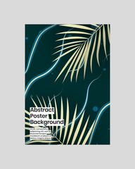 Abstract poster design. Dypsis lutescens gold leaves. Blue wavy lines. Eps10 vector.