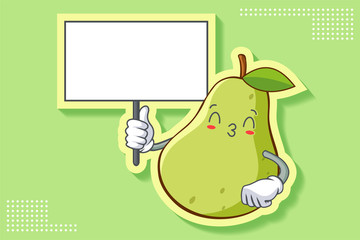 KISS, FLIRTY, SMILING EYE Face Emotion. Holding Whiteboard Hand Gesture. Green Pear Fruit Cartoon Drawing Mascot Illustration.