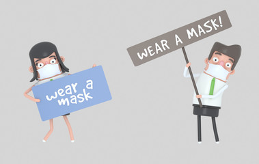 Couple with mask holding a Signs. 3d illustration. Isolated.