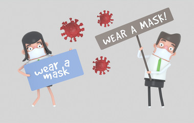 Couple with mask holding a signs banner separated by viruses. 3d illustration. Isolated.