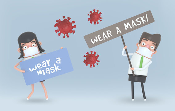 Couple with mask holding a signs banner separated by viruses. 3d illustration. 