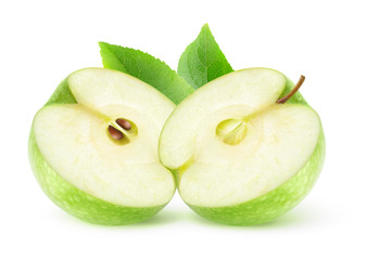 Isolated cut green apple. Two halves of Granny smith apple fruit isolated on white background