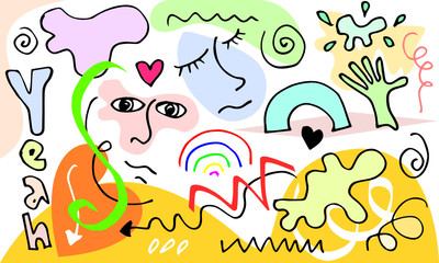 Big set of hand drawn various shapes and doodle objects. Abstract contemporary modern trendy vector illustration. All elements are isolated.