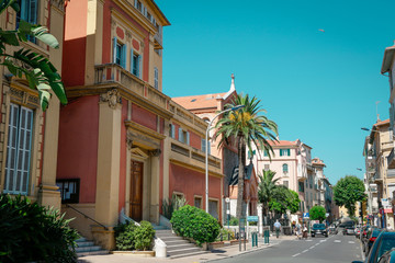Menton, wonderful city of the cote-d‚ÄôAzur with its marine and architectures, in a sunny day with blue sky - obrazy, fototapety, plakaty