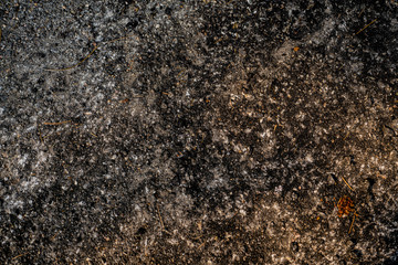 Black mottled with white. Stone grit pebble wall texture. Complicated surface in black mud cracks interspersed with concrete sand and various particles.