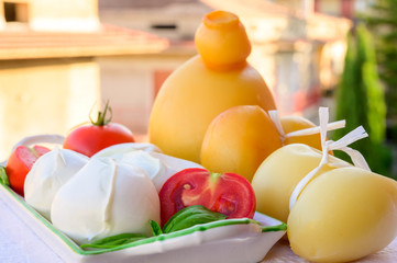 Cheese collection, Italian cheeses provolone, caciocavallo, scamorza, mozzarella buffalo from South...