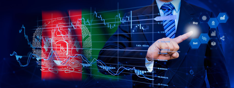 Businessman touching data analytics process system with KPI financial charts, dashboard of stock and marketing on virtual interface. With Afghanistan flag in background.