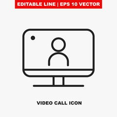 Virtual video webinar. Editable stroke vector icon of a desktop computer screen with an online digital broadcast on a social streaming tv channel. Line symbol of a newscast call or work meeting V2