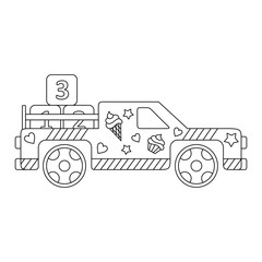 Cute pickup truck with baby cubes. Vector coloring book for children. Coloring book on the theme of children's toys, children's room. Isolated car illustration. A car with a bright print.
