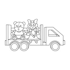 A cute truck with toys. Vector coloring book for children. Coloring book on the theme of children's toys, children's room. Illustration of isolated toys on a white background. Teddy bear, doll, truck.