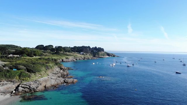 aerial bird view of Groix Island coastal seaside. famous touristic place, a stay in Brittany will be the opportunity to enjoy the beautiful view of traditional Bretagne (french Brittany)