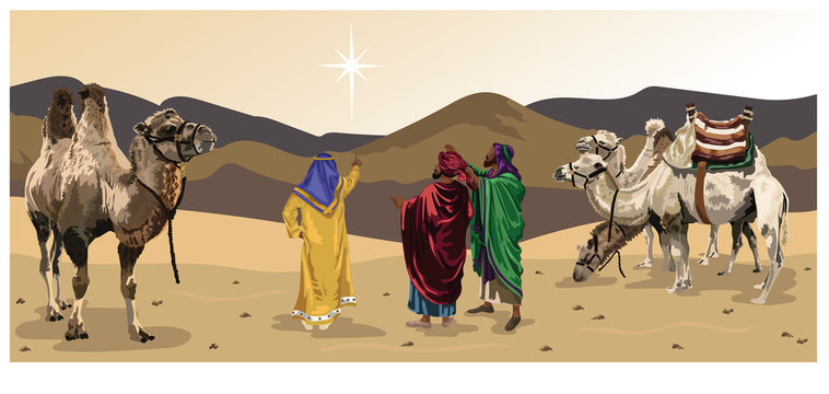 Three Wise Men From The East - with star, camels, desert vector