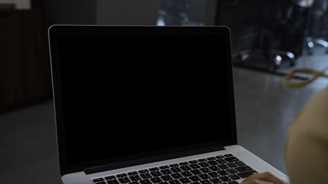 Laptop template with white transparent screen, computer blank display isolated. Metal device. Fingers press keys of the keyboard. Alpha channel