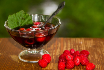 raspberry jam in glass