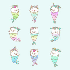 Kitten mermaids. Set of kawaii white cat mermaids. Vector 10 EPS.