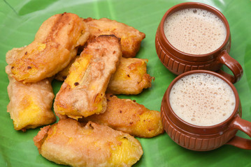 Banana fry, Pazham Pori traditional Kerala snack sweet food fried in coconut oil for tea time snack, Onam, Vishu festival.