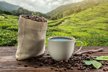 Cup of fresh coffee and roasted beans in a bag on the table against the backdrop of a landscape of...