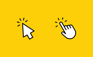 Hand and arrow clicking pointers. Click icons.