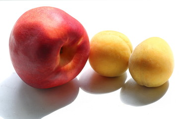Fototapeta na wymiar Fruits of ripe, fragrant, fresh nectarine and apricot close-up on a white background