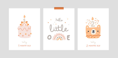 Milestone cards set for newborn. Baby shower cards collection. Nursery print or poster with rainbow, sweet cakes for celebration party. Ideal for kids room decoration, clothing, prints, anniversary