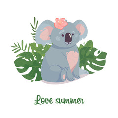 Vector greeting card with koala. Cute gray bear in the leaves and the inscription Love Summer. A funny animal from the Australian TV series. Fluffy baby in cartoon style isolated on white background.