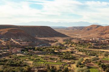 Farmland and crops seen from Ait Ben Haddou ksar Morocco, ancient fortress 