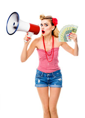 Portrait image of surprised amazed pinup girl. Happy excited woman with open mouth, holding euro cash money banknotes and megaphone, pin up style. Retro and vintage. Isolated over white background.