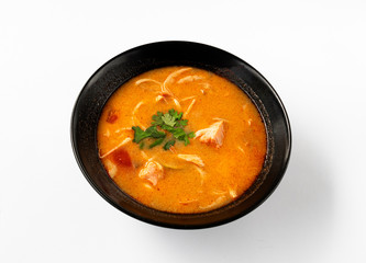 Tom Yam soup - extreme spicy (Shiitake mushrooms, tomato, coconut milk, Tom Yam pasta, lime, salmon, pepper, chili)