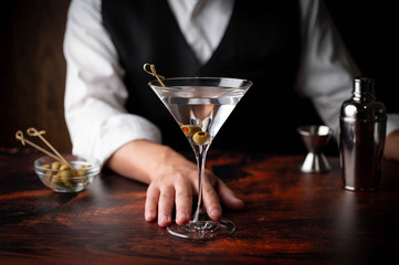 bartender serving martini in glass at bar - obrazy, fototapety, plakaty