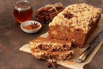 Honey cake with apples and cinnamon for Rosh Hashanah.