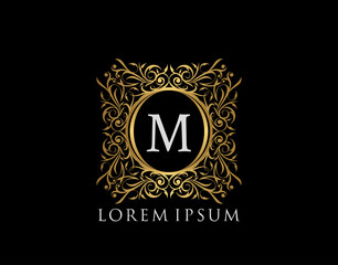 Luxury Badge Letter M Logo. Luxury gold calligraphic vintage emblem with beautiful classy floral ornament. Classy Frame design Vector illustration.