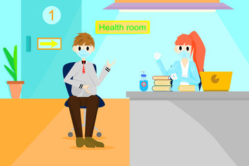 The vector man is sitting and listening to the doctor  Talk about taking care of your physical health.  Lifestyle illustration health check.  Maintaining physical health