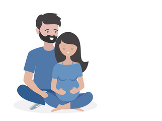 Happy couple smiling vector. Young pregnant woman and man meditating on white background.