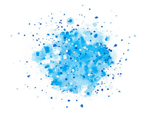 Hand drawn abstract light blue watercolor splash with blue and white spot on white background.