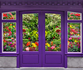 Purple flower shop window and door with colorful flowers, Canada