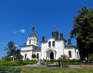 Fototapeta na wymiar consecrated in 1866, built in the neo-Russian style, the temple of the Orthodox church of Saint Peter and Paul in the city of Siemiatycze in Podlasie, Poland