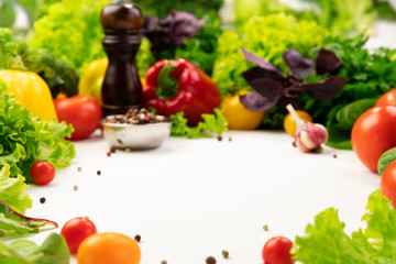 Fresh organic vegetable ingredients for cooking around empty space
