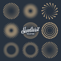 Vintage sunburst collection. Bursting sun rays and dots. Fireworks. Logotype or lettering design element. Radial sunset beams. Vector illustration.