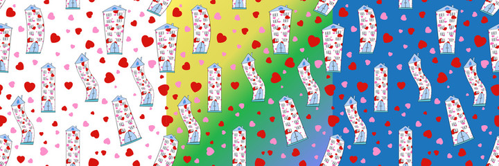 Seamless patterns of the city from fun dancing houses with hearts .Vector graphic.
