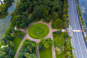 panoramic views of the city, the ancient fortress and the river at dawn filmed from a drone