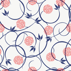 Vintage floral seamless pattern. Vector ornament with curly twigs, leaves, branches, flowers, buds. Liberty style wallpapers. Simple abstract floral background. Blue, red, white color. Repeat design