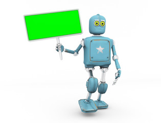 Naklejka premium Robot Retro with banner Cartoon funny 3D video render - walk cycle. isolate on white