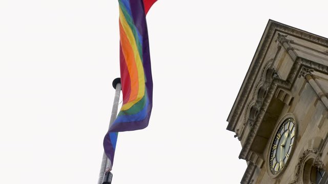 LGBT flag over Northampton Guildhall building on Pride Festival Weekend in UK