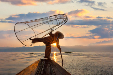 Fishermen in Inle Lake known also as leg rowers, Myanmar