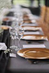 Table set for an event party or wedding reception. Banquet table design