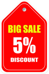 Sale tag, discount 5% off, isolated sticker, banner design template, vector illustration